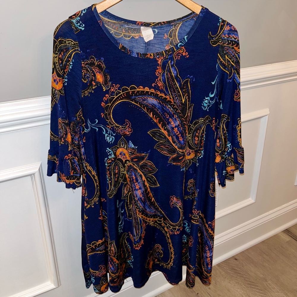 BOUTIQUE Paisley Print Navy 3/4 Ruffle Sleeve Sheer Fall Dress Size Small USA